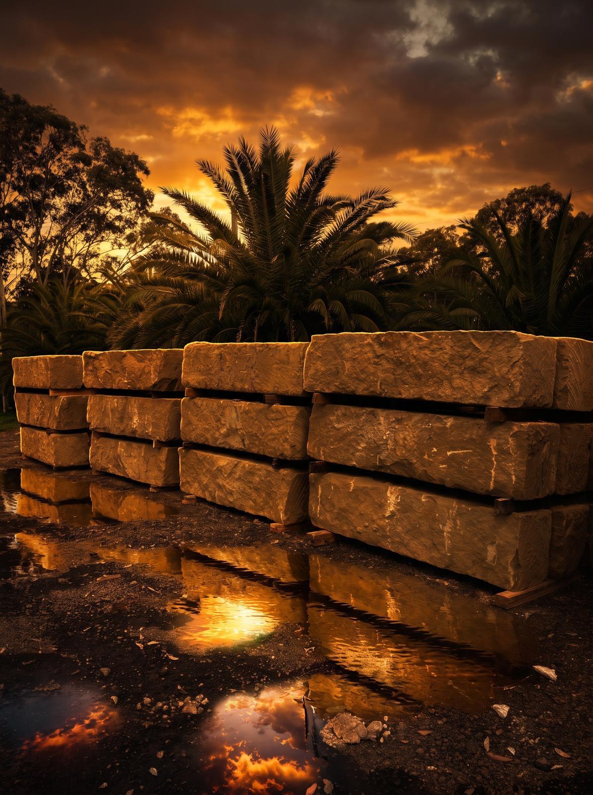 Stacked sandstone blocks glowing at golden hour with a loader in the foreground