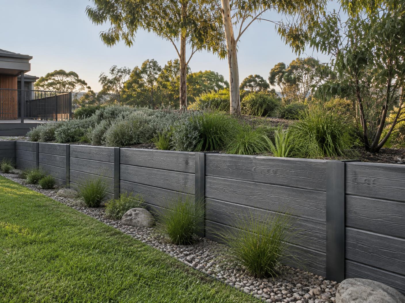 Charcoal concrete sleeper retaining wall in an Australian garden