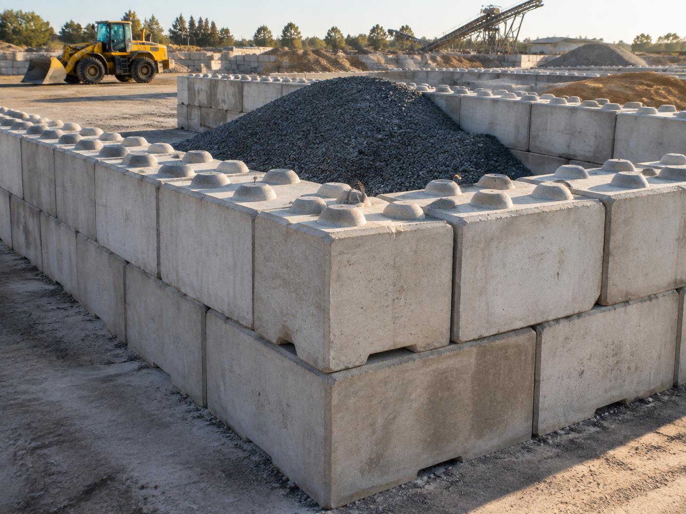Interlocking precast concrete blocks forming material bays